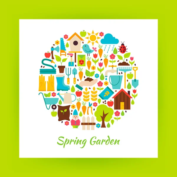 Flat Circle Spring Garden Objects over white Paper — Stock Vector