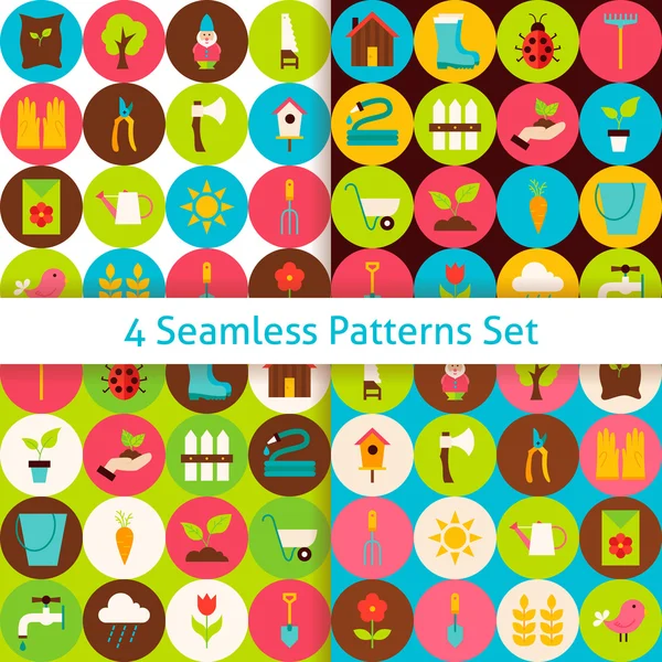 Four Flat Spring Garden Seamless Patterns Set with Circles — Stock Vector