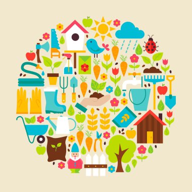Nature Garden Tools Vector Flat Circle Objects Set