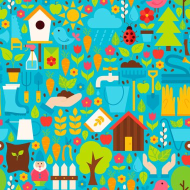 Spring Garden Vector Flat Design Blue Seamless Pattern