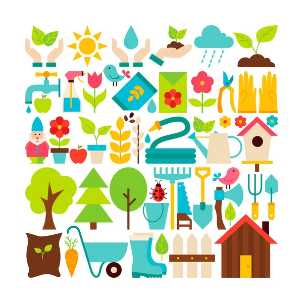 Big Flat Vector Collection of Spring Garden Objects — Stok Vektör