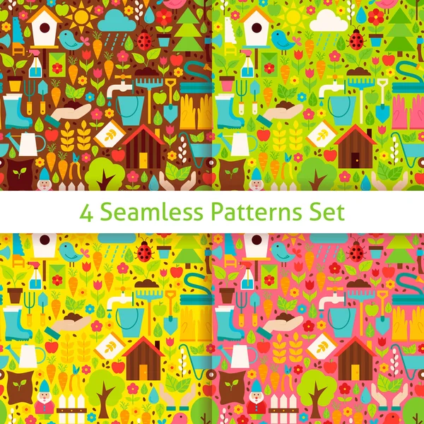 Four Flat Spring Garden Seamless Patterns Set — Stok Vektör