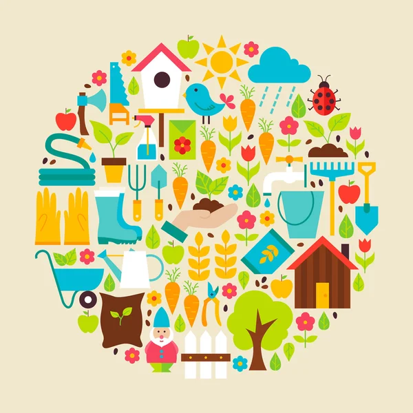 Nature Garden Tools Vector Flat Circle Objects Set — 스톡 벡터