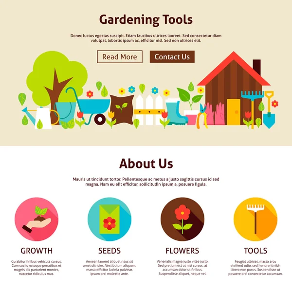 Strumenti di giardinaggio Flat Web Design Template — Vettoriale Stock