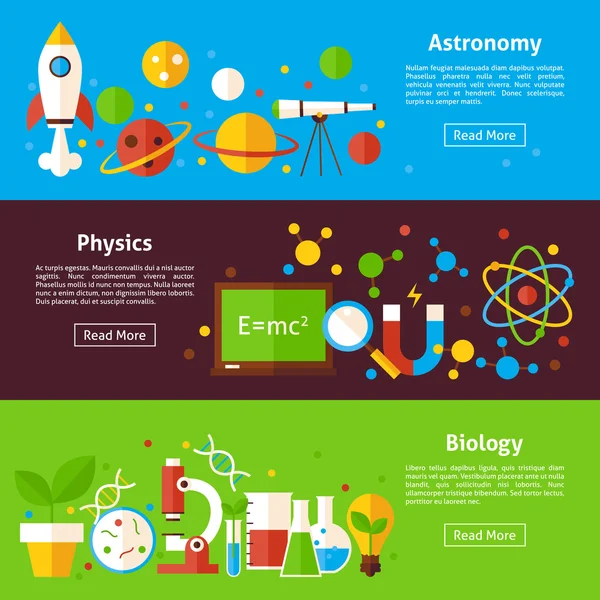 Astronomia Fisica Biologia Scienza Bandiere orizzontali piatte — Vettoriale Stock