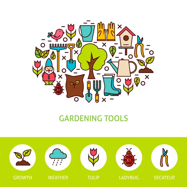 Trädgårdsskötsel verktyg platt disposition formgivningsmall med ikoner — Stock vektor