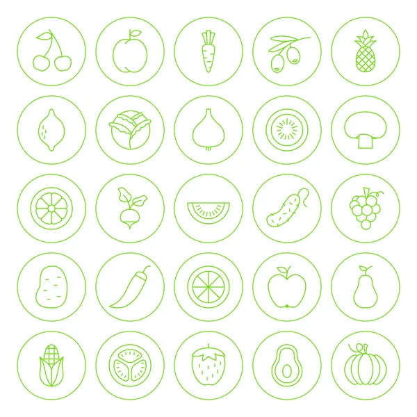 Linje cirkel färsk frukt grönsaker ikoner — Stock vektor
