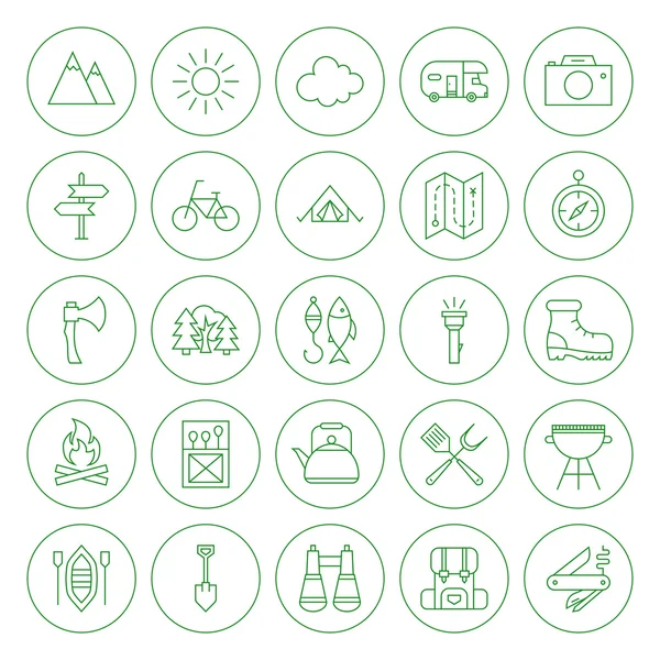 Conjunto de ícones de acampamento de círculo de linha —  Vetores de Stock