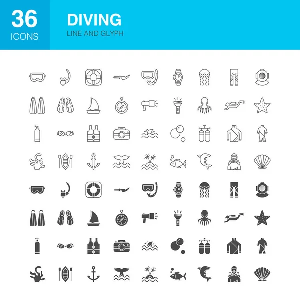 Línea de Buceo Web Glyph Iconos — Vector de stock