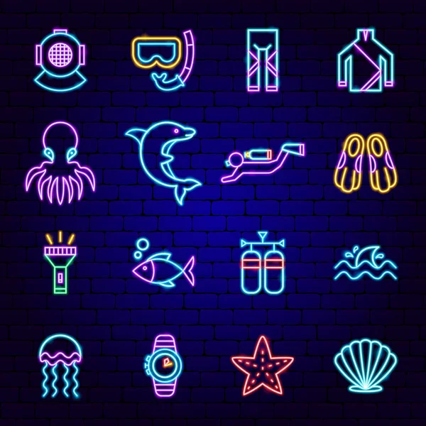 Buceo Neon Iconos Ilustración Vectorial Promoción Del Buceo — Archivo Imágenes Vectoriales