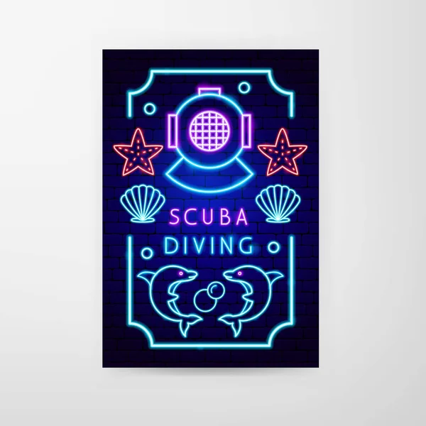 Scuba Diving Neon Flyer Ilustración Vectorial Promoción Del Buceo — Vector de stock