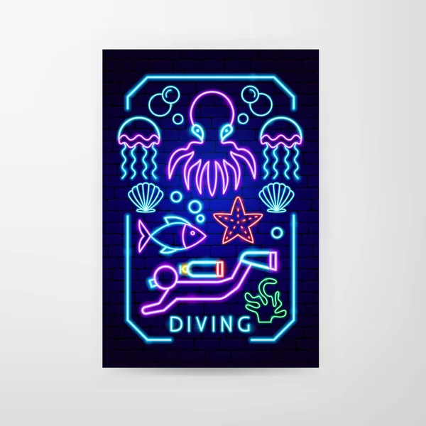 Парування Neon Flyer Vector Illustration Scuba Diver Promotion — стоковий вектор