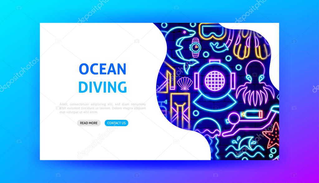 Ocean Diving Neon Landing Page. Vector Illustration of Scuba Diver Promotion.