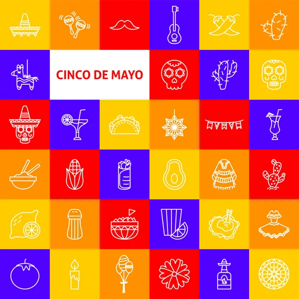 Ikoner för Cinco de Mayo-linjen — Stock vektor