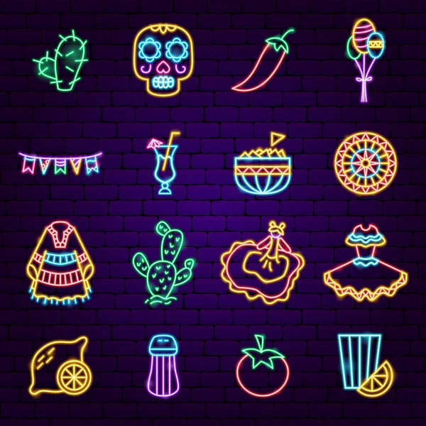 Mexican Holiday Neon Icons — Stock Vector