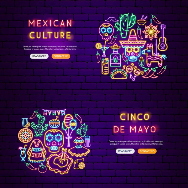 Banners de néon feriado mexicano — Vetor de Stock