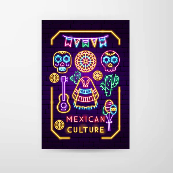 Cultura messicana Neon Flyer — Vettoriale Stock