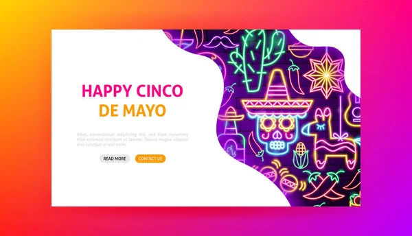 Pagina felice atterraggio Cinco de Mayo Neon — Vettoriale Stock