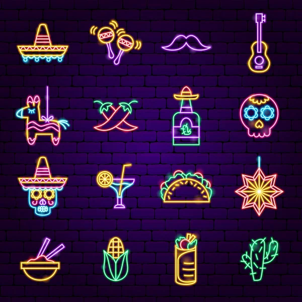 Cinco de Mayo Neon Iconos — Archivo Imágenes Vectoriales