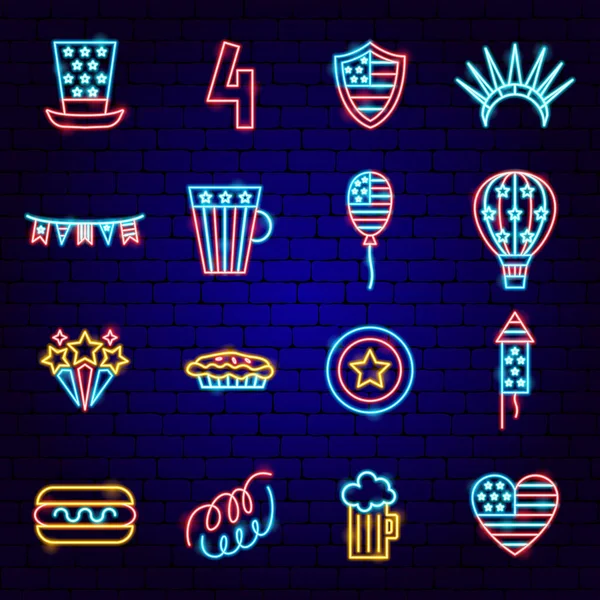 USA Independence Day Neon Icons — Stock Vector