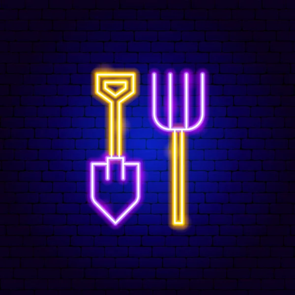 Łopata Pitchfork Neon Znak Ilustracja Wektorowa Promocji Instrumentów Ogrodowych — Wektor stockowy