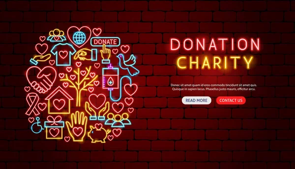 Donación Caridad Neón Banner Diseño — Vector de stock