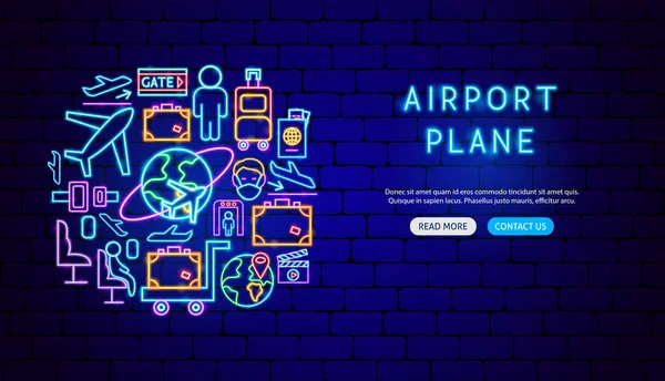 Airport Plane Neon Banner Design Vector Illustration Flight Promotion — Stock Vector