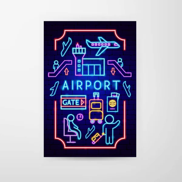 Airport Neon Flyer Vektorillustration Der Flugzeugförderung — Stockvektor