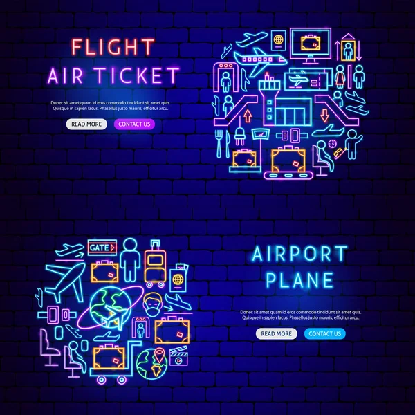 Flygplats Neon Banners Vektor Illustration Flight Främjande — Stock vektor