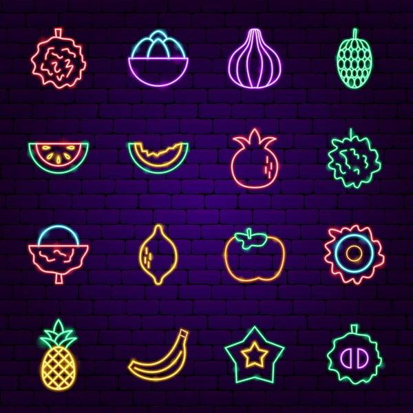 Iconos de neón de frutas tropicales — Vector de stock