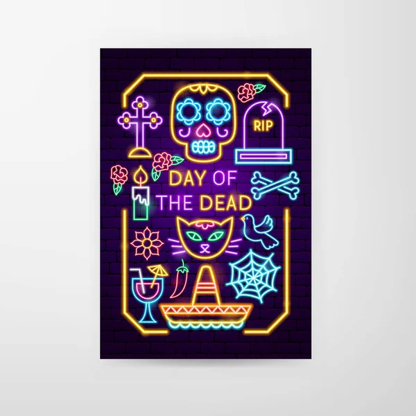 Día de los Muertos Neon Flyer — Vector de stock