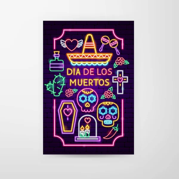 Dia De Los Muertos Neon Flyer Royaltyfria Stockvektorer