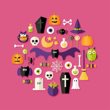 Pembe üzerinde Halloween düz Icons Set
