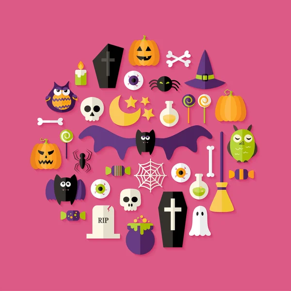 Halloween piatto icone impostato su rosa — Vettoriale Stock