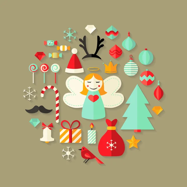 可爱的圣诞平图标设置在浅棕色 — 图库矢量图片