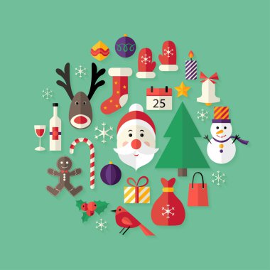 Noel Baba ile yeşil üzerinde Noel düz Icons Set