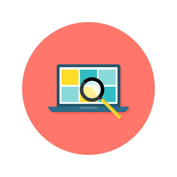 Internet Search Laptop with Magnifying Glass Circle Icono plano — Vector de stock