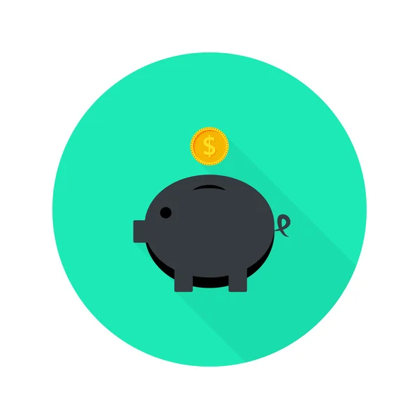 Cerdo de dinero negro con moneda de dólar Icono plano con sombra larga — Vector de stock