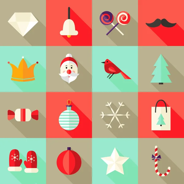 Conjunto de iconos planos cuadrados de Navidad 1 rojo y menta — Vector de stock