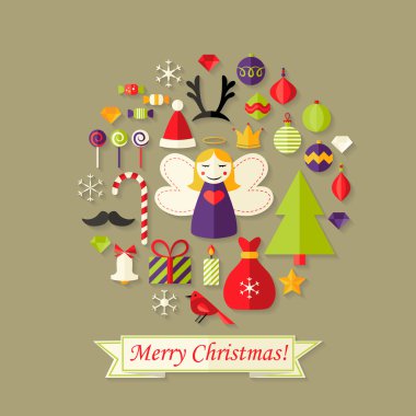 Neşeli Noel kartı ile düz simgeler kümesi ve melek