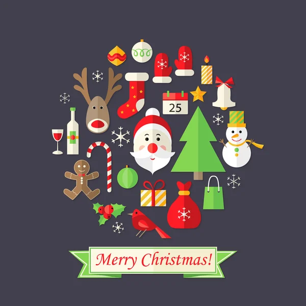 Рождественская открытка с плоскими иконами и Санта-Клаусом — стоковый вектор