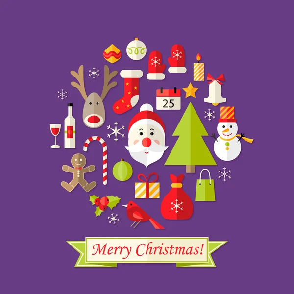 Рождественская открытка с набором плоских икон и фиолетовым Дедом Морозом — стоковый вектор