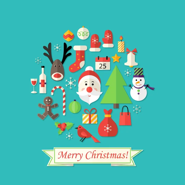 Merry Christmas Card with Flat Icons over Blue — Stock Vector