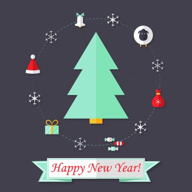 Mutlu yeni yıl kartı ile Noel ağacı üzerinde koyu mavi