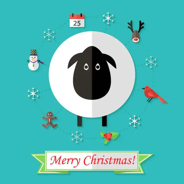 Christmas Card with Sheep over Blue — Stock Vector