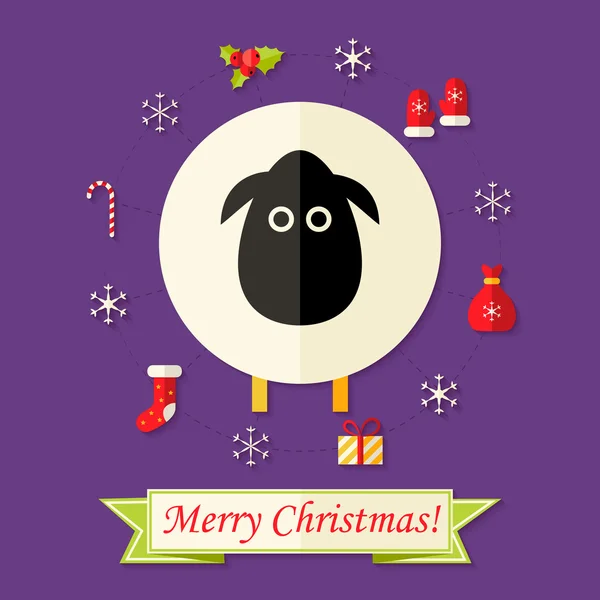 Christmas Card with Sheep over Purple — Stock Vector