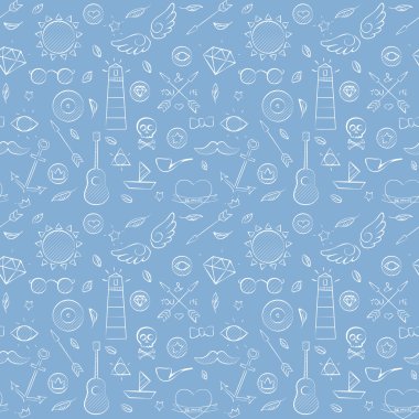 Deniz el çekilmiş hipster seamless modeli üzerinde mavi