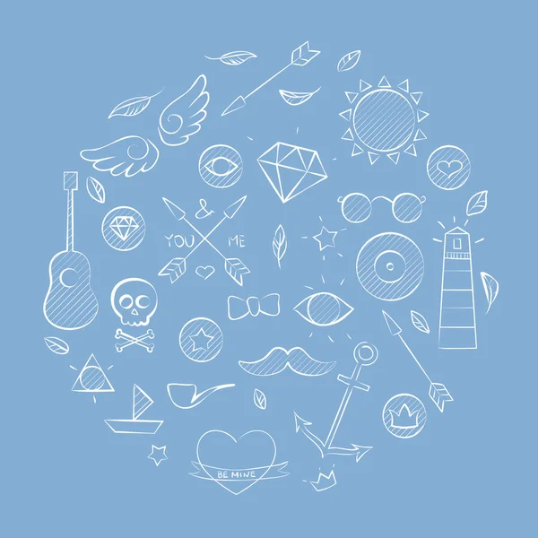 Hand drawn set of hipster elements over blue — Stock Vector