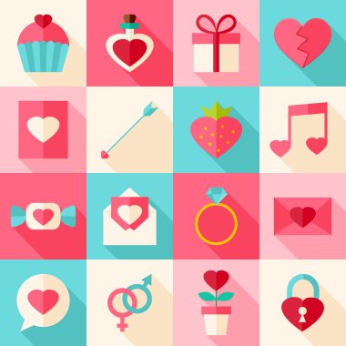 Sevgililer günü düz simgesi ile uzun gölge seti