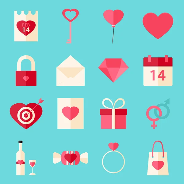 Valentine day flat style icons with over blue — Stock Vector